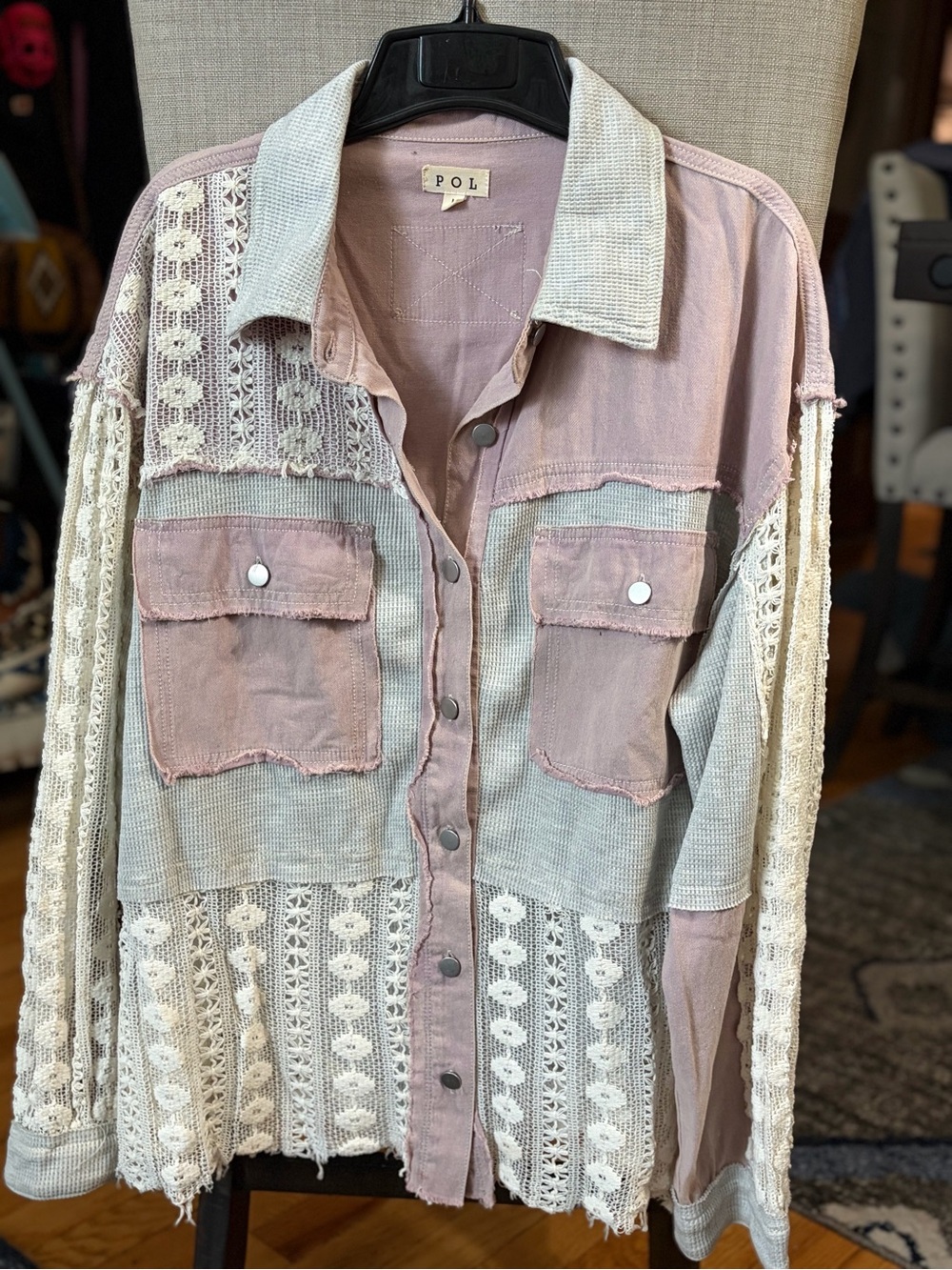 POL LG Vintage-Inspired Pink & Cream Crochet Patchwork Shacket